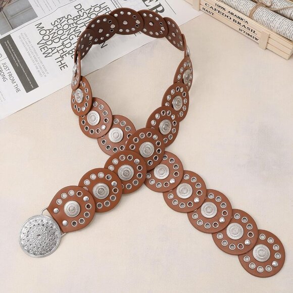 Women Vintage Disc Waist Concho Leather Belt Boho Waist Belt Brown Silver Buckle main image 4